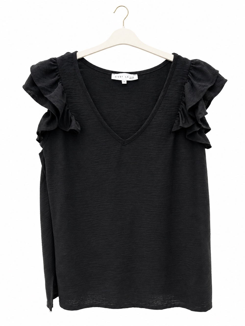 C’est La Vie Black V-Neck Ruffle Sleeve Blouse